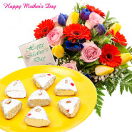 Specially for Mom - 10 Roses & Gerberas, 500 gms Kaju Pista Pan and Card