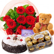 Unqiue Combo - 12 Red Roses + 1/2kg Cake + Ferrero Rocher 16 pcs + Teddy + Card
