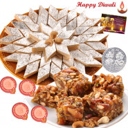 Sweet Assortment - Kaju Katli 250 gms, Dryfruit Chikki with 4 Diyas and Laxmi-Ganesha Coin