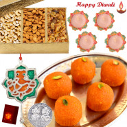 Sweet Delight - Boondi Laddoo 250 gms, Assorted Dryfruits 200 gms, Ganesha Door Hanging with 4 Diyas and Laxmi-Ganesha Coin