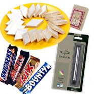 Sweet Present - Kaju Katli, Parker Pen Steel, Snickers, Mars, Twix, Bounty and Card