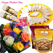Sweet Treat - 20 Mix Roses, Kaju Katli 250 gms, 2 Packs Haldiram Namkeen, 2 Pack of Ferrero Rocher 4 pcs and Card