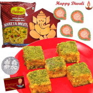 Sweet & Crispy - Badam Barfi 250 gms, Namkeen, Ganesha wooden slab with 4 Diyas and Laxmi-Ganesha Coin