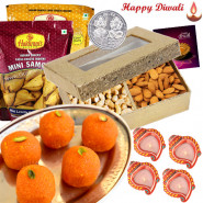 Sweet n Crunchy - Kanpuri Laddo 250 gms, Cashew Almond 200 gms, 2 Haldiram Namkeen with 4 Diyas and Laxmi-Ganesha Coin