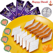 Sweets Delight - Kesar Katli 250 gms, 5 Dairy Milk Bars, 4 Diyas Laxmi-Ganesha Coin and Card