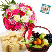 Sweets & Fruits - 20 Mix Roses Bouquet, 2 Kg Mix Fruits in Basket, Haldiram Soan Papdi 250 gms and Card
