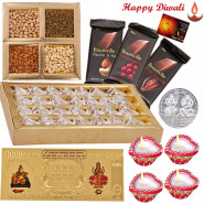 Three in One Combo - Kaju Anjeer Roll, Assorted Dryfruits, 3 Bournville, 24 Carat Gold Plated Dhan Laxmi Varsha Note with 4 Diyas and Laxmi-Ganesha Coin