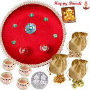 Total Delight - Puja Thali (R), 3 Dry Fruit Pouches with 4 Diyas and Laxmi-Ganesha Coin