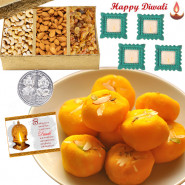 Traditional Treat - Kesar Peda 250 gms, Assorted Dryfruits 200 gms with 4 Diyas and Laxmi-Ganesha Coin