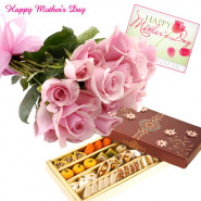 Treat for Mom - Bunch of 12 pink roses, 1 kg assorted sweets and Card