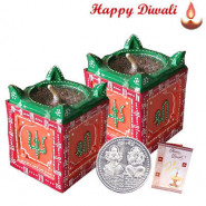 Tulsi Diya - 2 Tulsi Diyas with Laxmi-Ganesha Coin