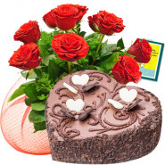 Yummy Treat - Bunch Of 12 Red Roses + 1 Kg Heart Shaped Chocolate Cake + Card