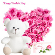Adoring Pink - Heart Shape Arrangement of 25 Pink Roses, Pink Teddy 6" and Card
