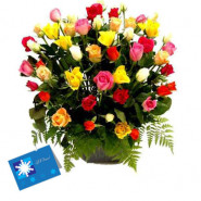 50 mix Roses in Basket and Card