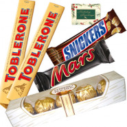 2 Toblerone 100 gms, 1 Ferrero Rocher 4 pcs each, 1 Snicker, 1 Mars