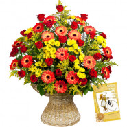Obliging Flowers - 24 Red & Yellow Gerberas in Basket + Card
