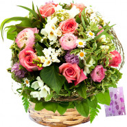 Lovely Flowers - 6 Gladiolus with Mix Flowers (6 Roses, 6 Carnations, 10 Gerberas) Basket + Card