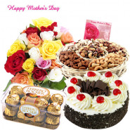 All For One Hamper - 50 Mix Roses, Ferrero Rocher 16 pcs, Assorted Dryfruits 800 gms Basket, 1 Kg Black Forest Cake and Card