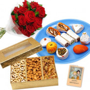 Dry Fruit Wonder - 12 Red Roses, Kaju Mix 250 gms, Assorted Dry Fruits 200 gms and Card