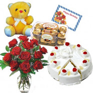 Wonderful Surprise - Pinapple Cake 1/2 kg, 12 Red Roses in Vase, 16 pcs Ferrero Rocher, Teddy 6" and card