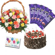 Chocolaty Delight - Blackforest Cake 1 kg, 12 Mix Roses in Basket, 5 Dairy Milk and Card