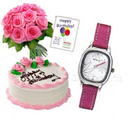 Girl's Delight - 15 Pink Roses, Sonata Watch, Strawbery Cake 1/2 kg and Card