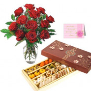 Sweet Delight - 12 Red Roses in Vase, Kaju Mix 250 gms and Card