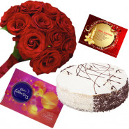 Delightful Chocolates - Celebrations 121 gms, 18 Red Roses in Bunch, Black Forest Cake 1/2 kg and Card