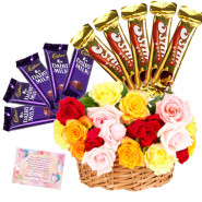 Choco Magic - 25 Mix Roses in Basket, 5 Dairymilk, 5 Five Stars and Card