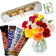 Choco Mix - 20 Mix Roses in Vase, Snickers, Mars, Bounty, Twix, Ferrero 4 Pcs and Card