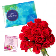 Rose n Chocos - Celebrations 121 gms, 24 Red Roses and Card