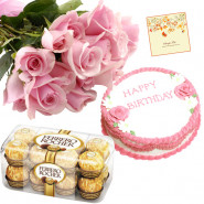 Lady's Treat - 15 Pink Roses in Bunch, Strawberry Cake 1 kg, Ferrero Rocher 16 pcs and Card