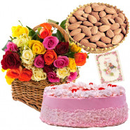 Almonds Special - Strawbery Cake 1/2 kg, Almonds 200 gms in Basket, 35 Mix Roses in Basket & Card