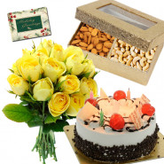 Mix Surprise - 5 Star Cake Black Forest 1kg, Almonds & Raisin 200 gms, 12 Yellow Roses & Card