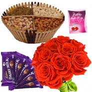 Rose n Nuts - Assorted Dryfruit Basket 200 gms, Dairymilk 5 pcs, 12 Red Roses in Bunch