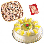 Grand Surprise - Pinapple Cake 1 kg, Pista 200 gms in Basket & Card