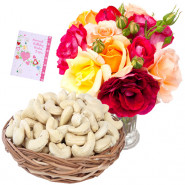 Red n White - Cashew 200 gms in Basket, 12 Mix Roses in Vase & Card