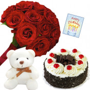 Birthday Special - 15 Red Roses in Bunch, 6" Teddy, Blackforest Cake 1 kg and Card