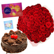 Grand Treat - 100 Red Roses 4 ft, Chocolate Cake 1/2 Kg, Celebrations 121gms and Card
