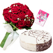 Simply Beautiful - 12 Red roses in bunch, 1/2 kg Black Forest cake and Card