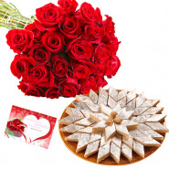 Birthday Sweets - 24 Red Roses in Bunch, Kaju Katli 500 gms and Card
