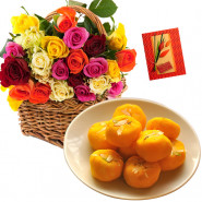 Delightful Sweets - 35 Mix Roses in Basket, Kesar Penda 250 gms and Card