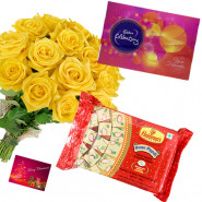 Birthday Celebrations - 12 Yellow Roses in Bunch, Celebrations 121 gms, Soan papdi 250 gms and Card
