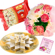 Flowers & Sweets - 12 Mix Carnations, Soan Papdi 250 gms, Kaju Katli 250 gms and Card