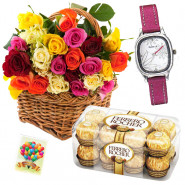 Life Is Beautiful - Basket 30 Mix Roses + Ferrero Rocher 16pcs + Sonata Watch
