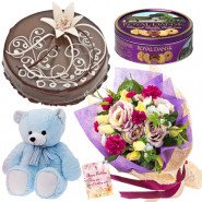 Bountiful Expression - Bunch 20 Mix Flowers + Cake 1/2kg + Danish Butter Cookies + 8 Teddy Bear