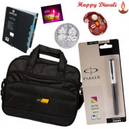 Brothers Wonder - Black Laptop Bag, Parker Pen, Notebook Diary with Bhaidooj Tikka and Laxmi-Ganesha Coin