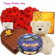 Big Present - 50 Red Roses Heart Shape, Celebration, Teddy 24", Chocolate Heart Cake 1 kg, Danish Butter Cookies 454 gms and Card