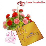 Carnations Special - 15 Mix Carnations in Basket, Cadbury Celebration and Card
