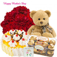 Carnations Special - 10 Red Carnations, Teddy 6", 16 Pcs Ferrero Rocher, 1 Kg Pineapple Cake and Card
